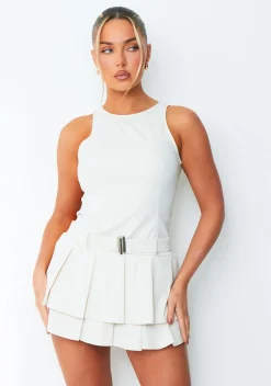 Ada Cream Ruffle Layer Belt Detail Mini Dress