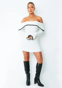 Ada White Lace Trim Fold Over Mini Dress