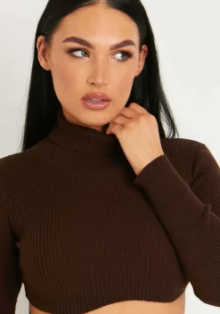 Agnese Chocolate Super Crop Roll Neck Knitted Jumper