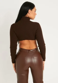 Agnese Chocolate Super Crop Roll Neck Knitted Jumper