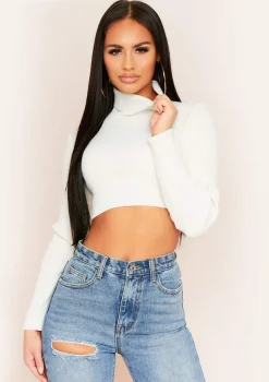 Agnese Cream Super Crop Roll Neck Knitted Jumper