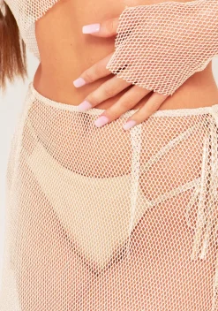 Alani Beige Lurex Shimmer Fishnet Mesh Maxi Skirt