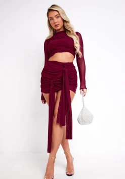 Alanna Burgundy Mesh Drape Detail Mini Skirt