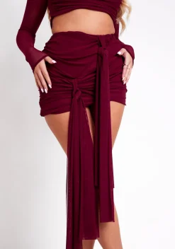 Alanna Burgundy Mesh Drape Detail Mini Skirt