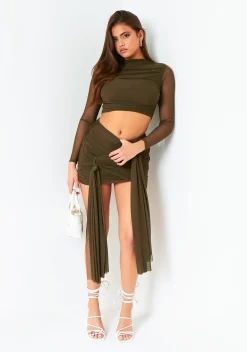 Alanna Dark Khaki Mesh Drape Detail Mini Skirt
