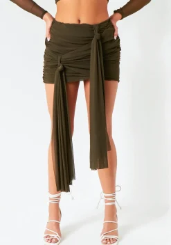 Alanna Dark Khaki Mesh Drape Detail Mini Skirt