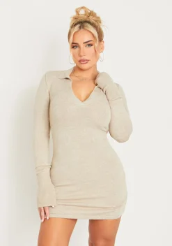 Aleena Stone Knitted Flare Cuff Collared Mini Dress