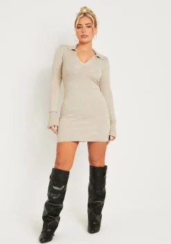Aleena Stone Knitted Flare Cuff Collared Mini Dress