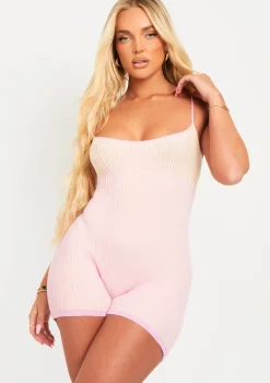 Alejandra Pink Contrast Knit Rib Unitard