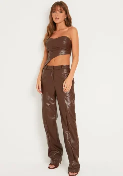 Alessia Brown Faux Leather Seam Detail Straight Leg Trousers