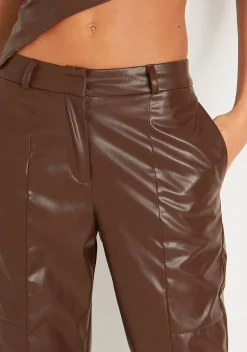 Alessia Brown Faux Leather Seam Detail Straight Leg Trousers