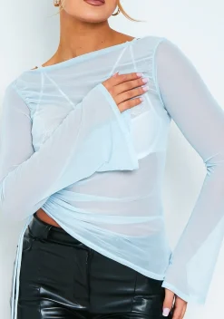 Alexa Light Blue Long Sleeve Mesh Top
