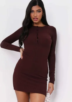 Alia Chocolate Button Up Ribbed Mini Dress