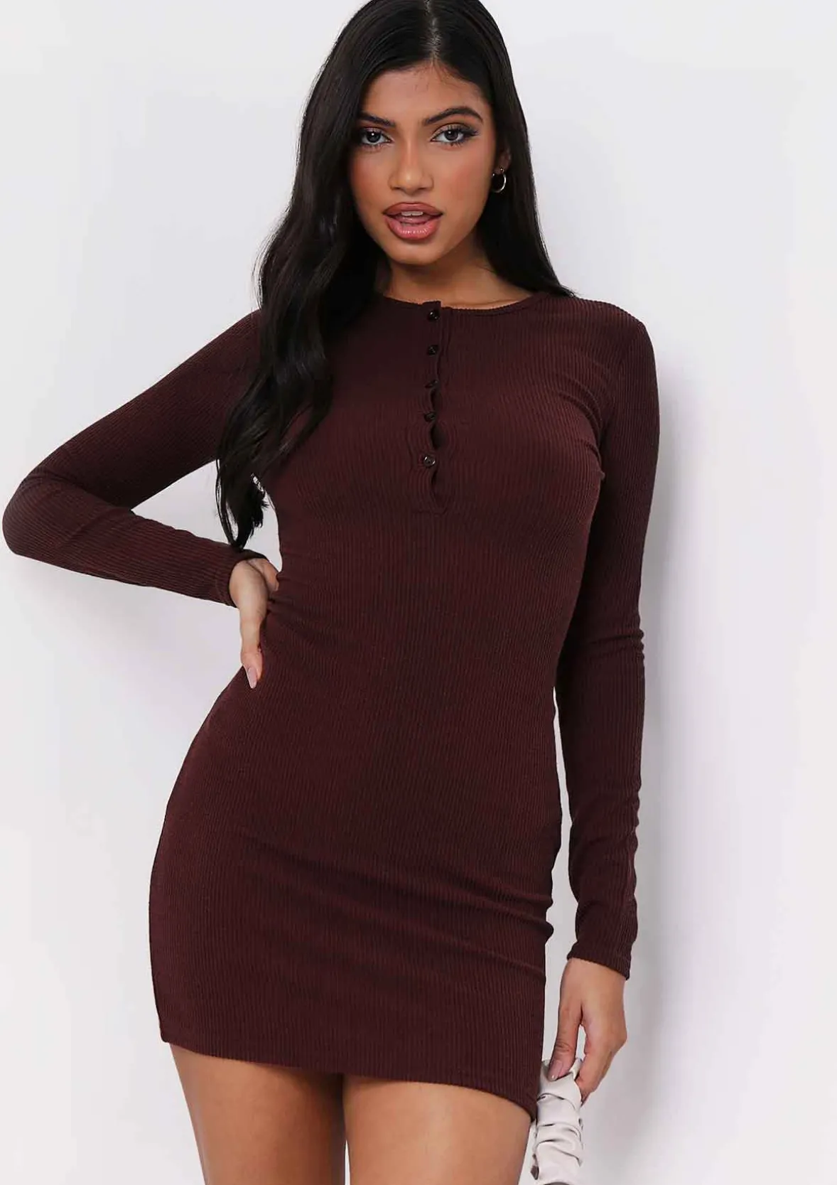 Alia Chocolate Button Up Ribbed Mini Dress