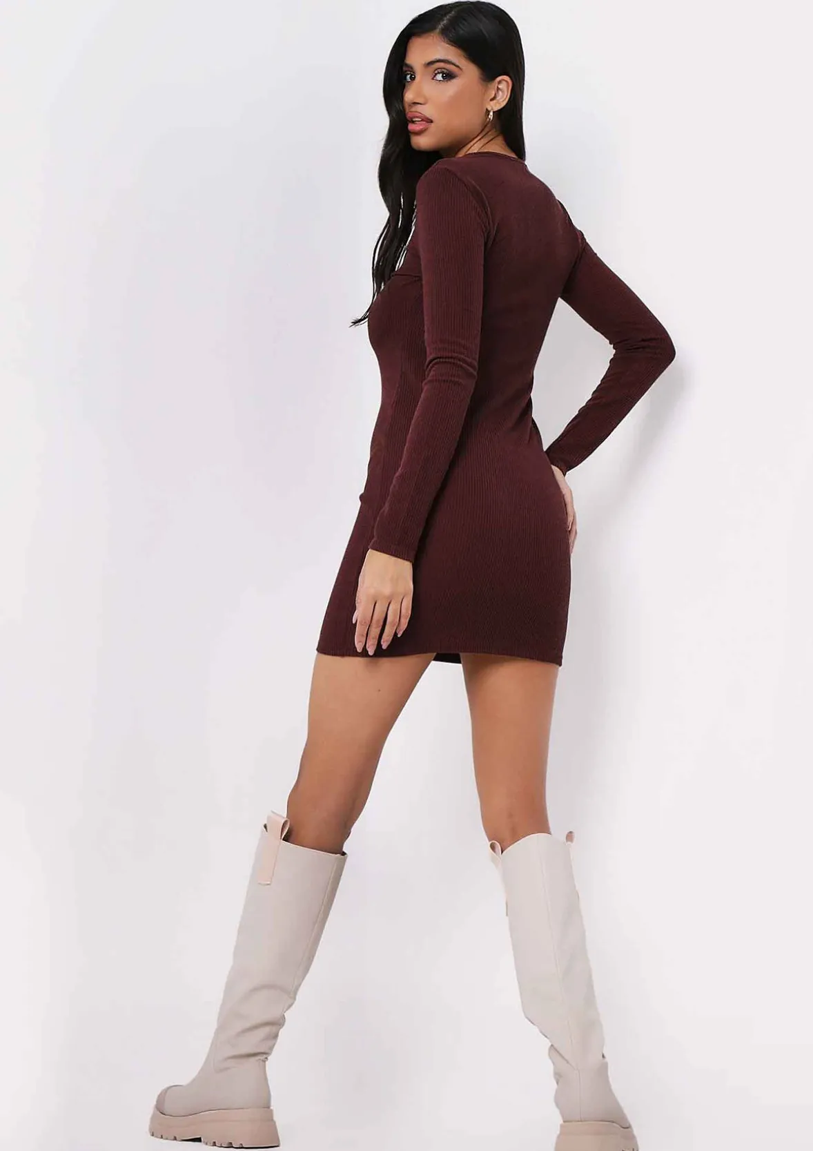 Alia Chocolate Button Up Ribbed Mini Dress