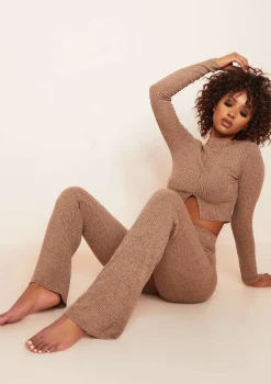 Alia Mocha Soft Rib High Neck Exposed Seam Long Sleeve Crop Top
