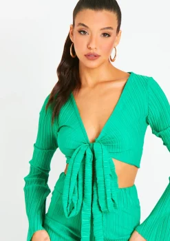 Alice Green Plisse Wrap Tie Crop Top