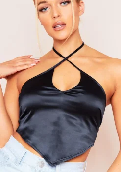 Aliyah Black Cross Strap Satin Tie Pointed Hem Top