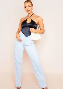 Aliyah Black Cross Strap Satin Tie Pointed Hem Top