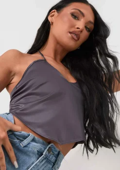 Aliyah Grey Cross Strap Satin Tie Pointed Hem Top