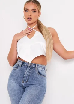 Aliyah Ivory Cross Strap Satin Tie Pointed Hem Top