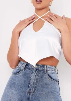 Aliyah Ivory Cross Strap Satin Tie Pointed Hem Top