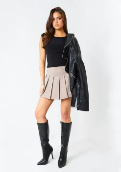 Allana Taupe Pleated Buckle Detail Mini Skirt