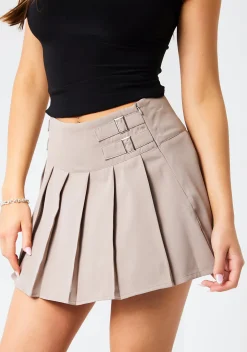 Allana Taupe Pleated Buckle Detail Mini Skirt