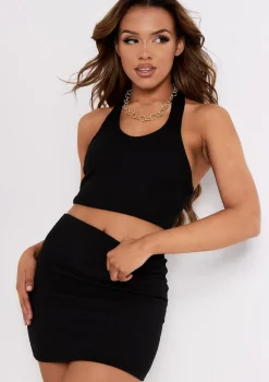 Amara Black Halterneck Ribbed Plunge Crop Top