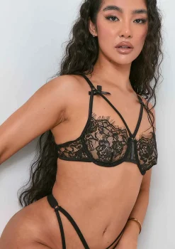 Amelia Black Floral Lace Cut Out Bra And Thong Lingerie Set
