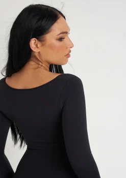Amelia Black Seamless Long Sleeve Plunge Jumpsuit