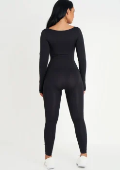 Amelia Black Seamless Long Sleeve Plunge Jumpsuit
