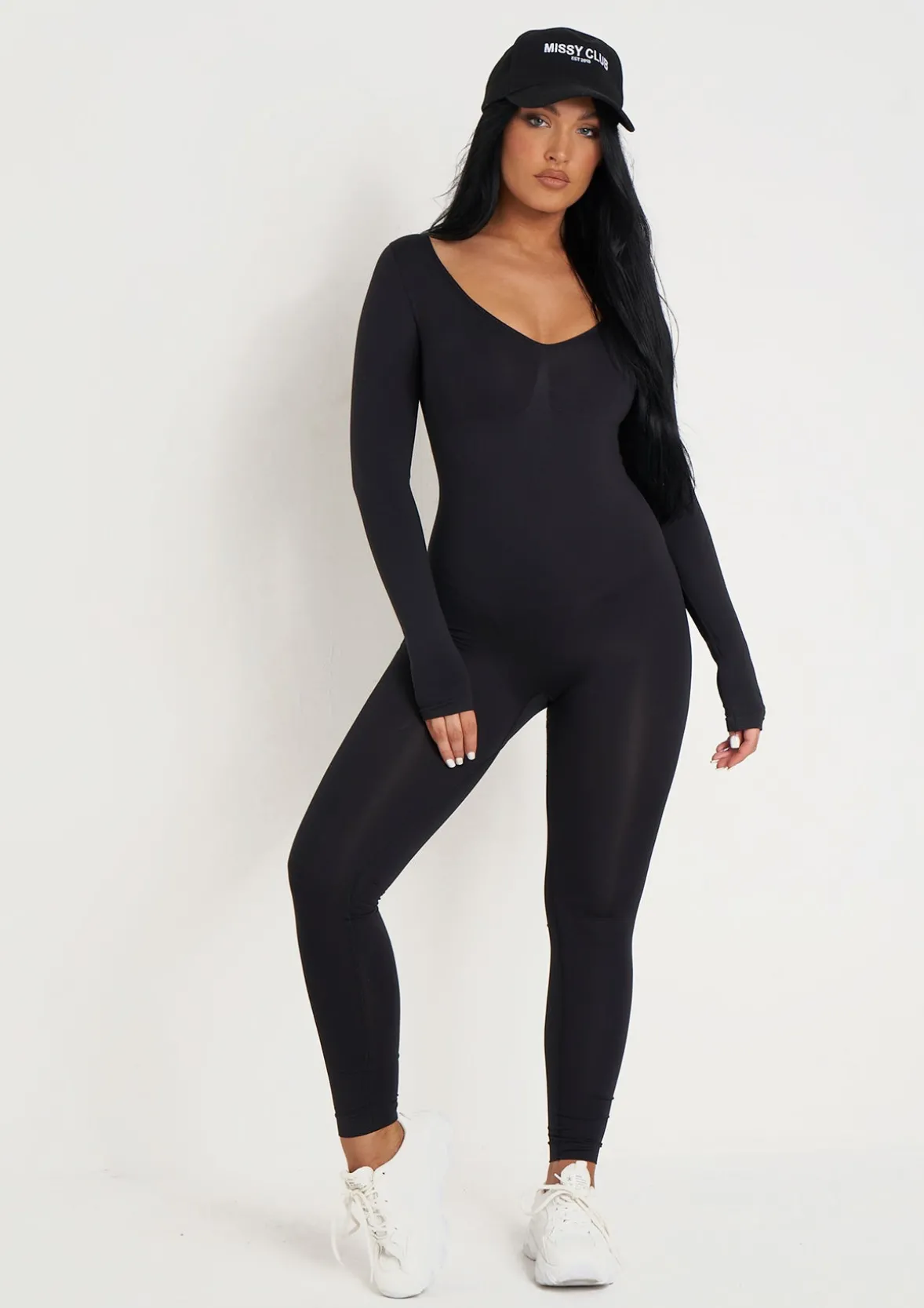 Amelia Black Seamless Long Sleeve Plunge Jumpsuit