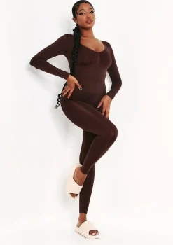 Amelia Chocolate Seamless Long Sleeve Plunge Jumpsuit