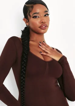 Amelia Chocolate Seamless Long Sleeve Plunge Jumpsuit