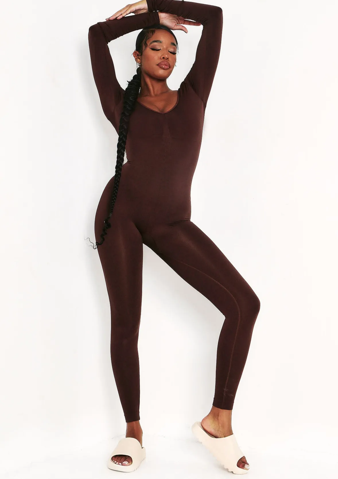 Amelia Chocolate Seamless Long Sleeve Plunge Jumpsuit