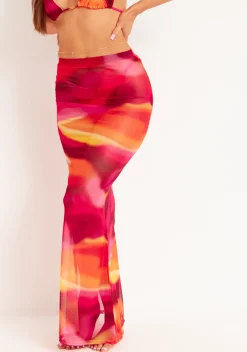 Amirah Orange Multi Mesh Printed Maxi Skirt