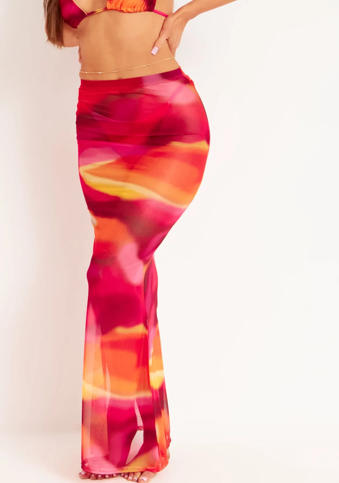 Amirah Orange Multi Mesh Printed Maxi Skirt