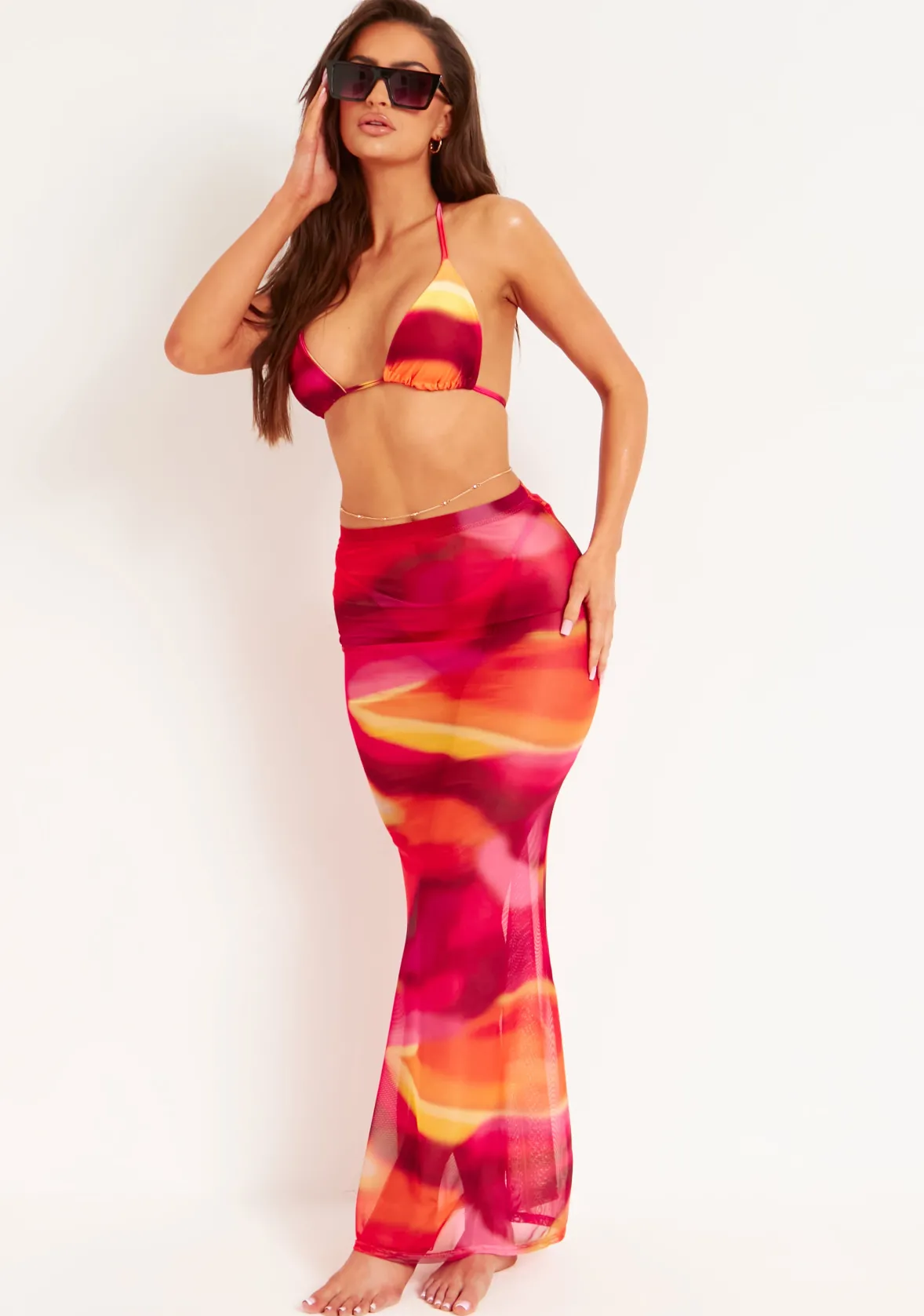 Amirah Orange Multi Mesh Printed Maxi Skirt
