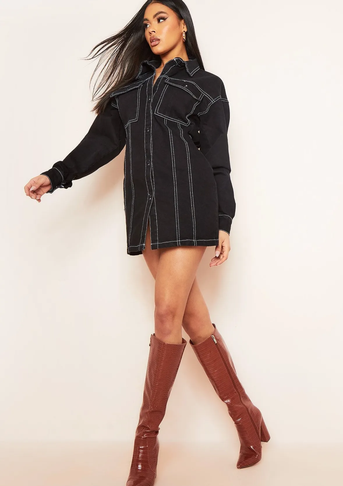 Amy Black Denim Contrast Stitch Mini Dress