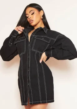 Amy Black Denim Contrast Stitch Mini Dress