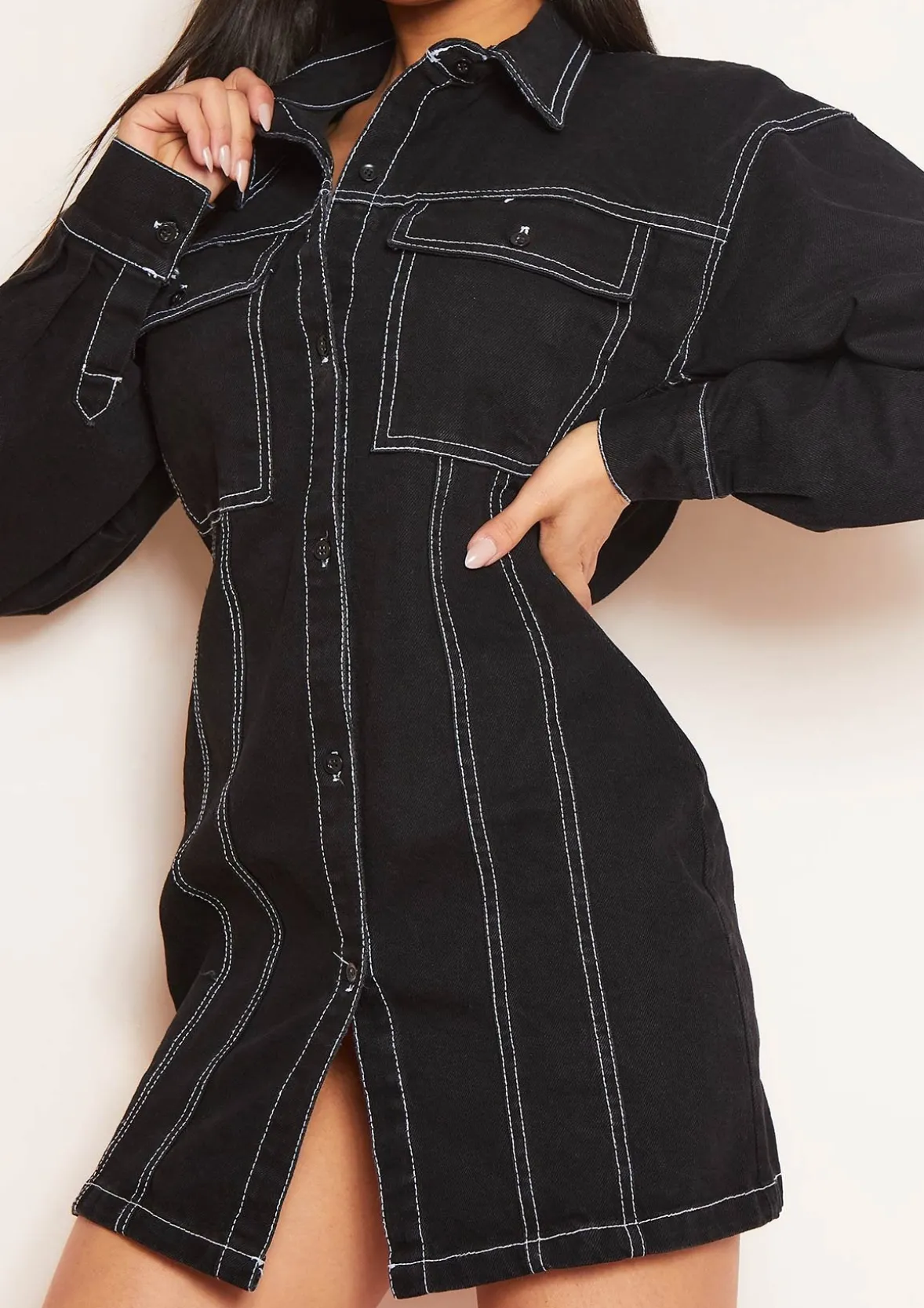 Amy Black Denim Contrast Stitch Mini Dress