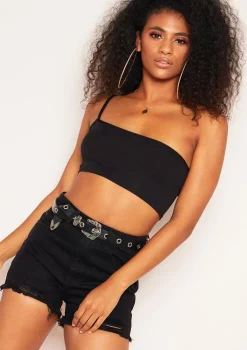 Andi Black One Shoulder Jersey Crop Top