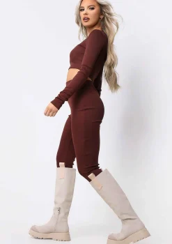 Anila Chocolate Long Sleeve Thick Bandage Rib Crop Top