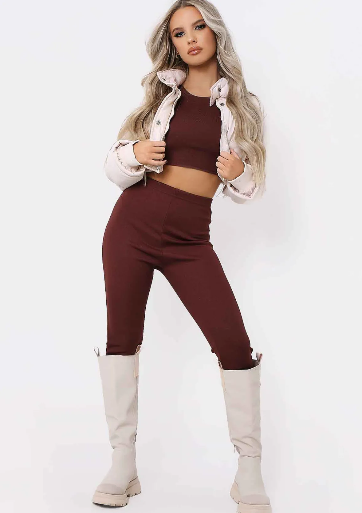Anila Chocolate Long Sleeve Thick Bandage Rib Crop Top