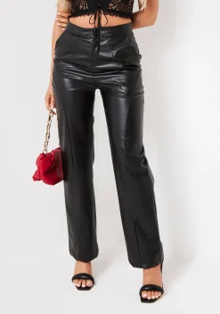 Anisa Black Seam Detail Faux Leather Trousers