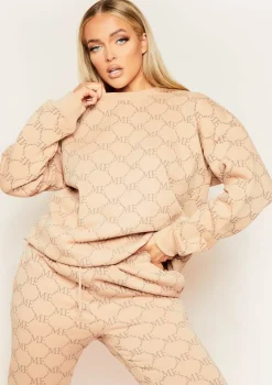 Anisha Beige Missy Empire Repeat Slogan Print Oversized Sweatshirt
