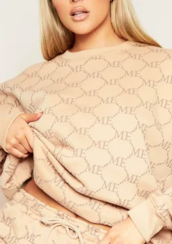 Anisha Beige Missy Empire Repeat Slogan Print Oversized Sweatshirt