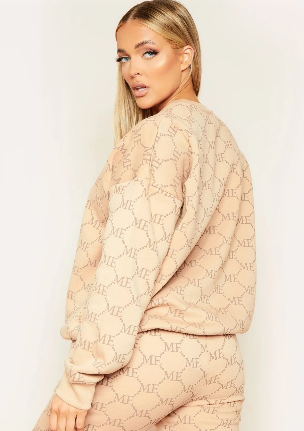 Anisha Beige Missy Empire Repeat Slogan Print Oversized Sweatshirt