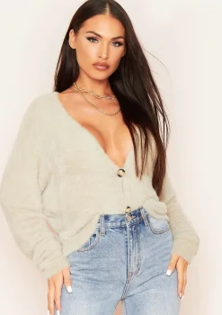 Anna Beige Fluffy Thick Knit Oversized Cropped Cardigan